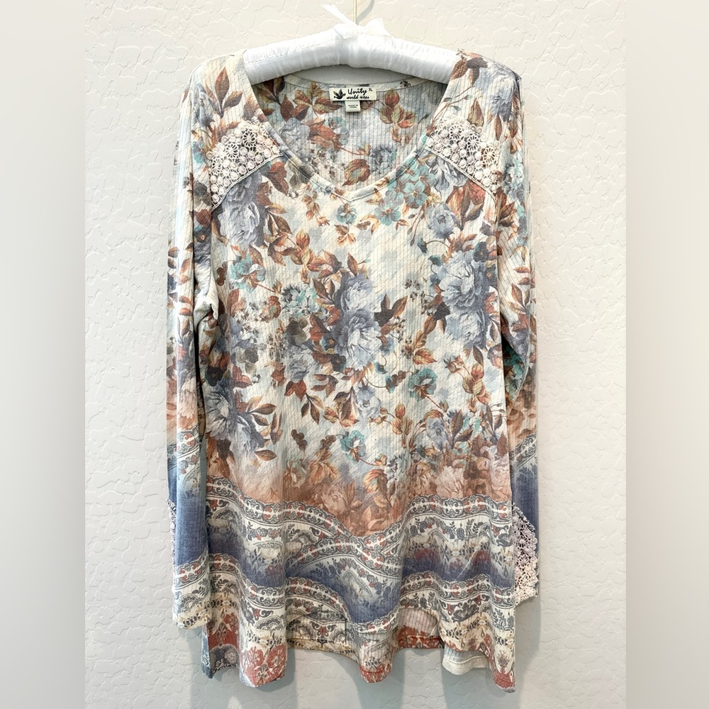 Unity World Wear Floral Tunic - Blue, Brown, Cream